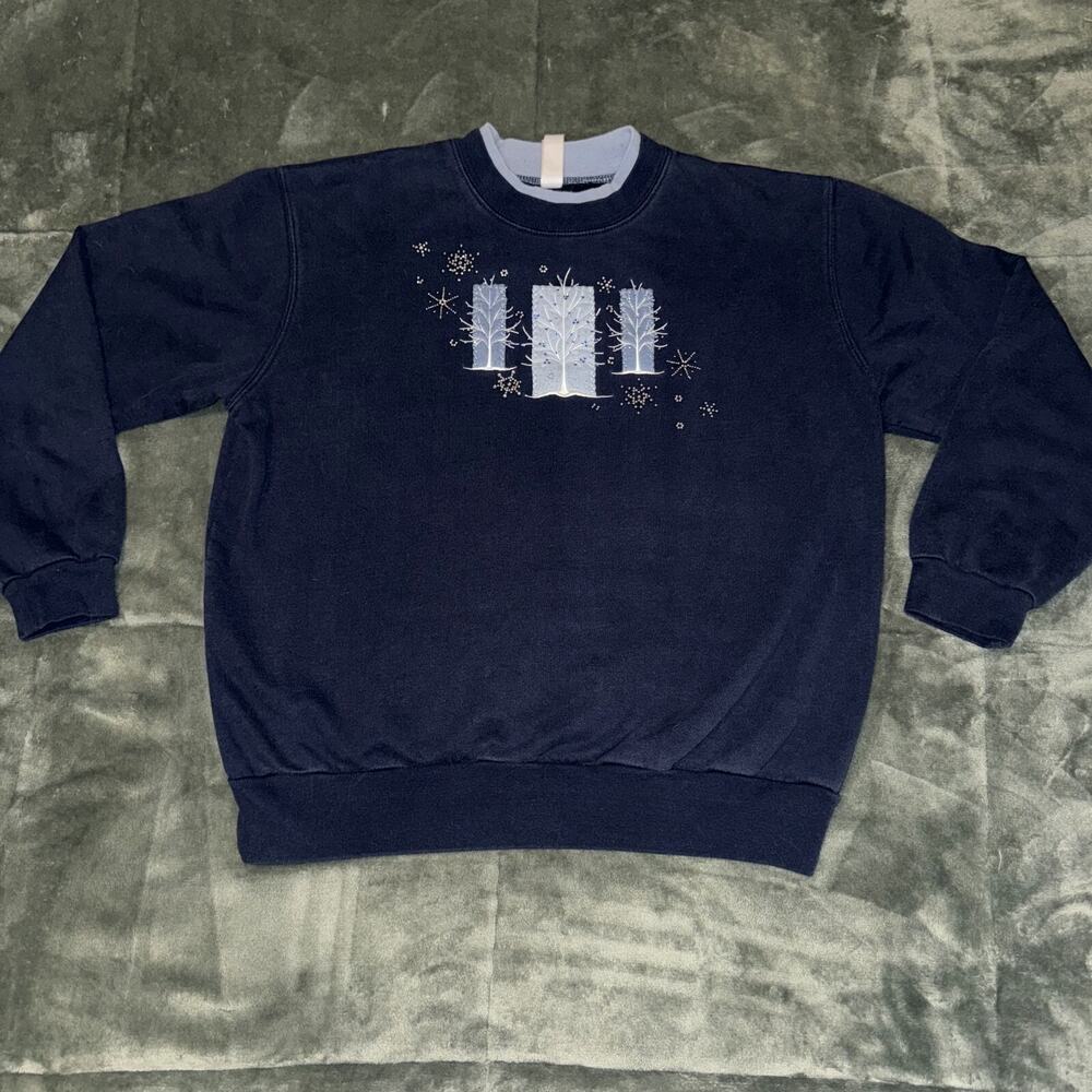 Decorated Originals Sweatshirt Womens Large Navy Blue Winter Snowflakes Pullover
